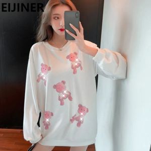 Sweatshirts hoodie långa topp kvinnor y2k 2021 vår mode lös plus storlek harajuku koreanska vita heta strass tecknad björn kawaii söt flicka