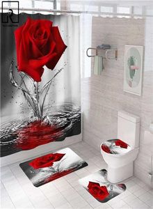 Blue Red Pink Rose Print duschdraperi med krokar Badrummatta set antislip mjuk badmatta älskare valentiner hem dekoration 23527040