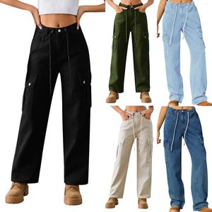 Calças de brim femininas carga jogger calça jeans cordão ajustável lavável calças de trabalho feminino casual petite business