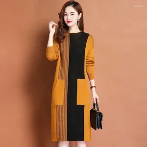 Casual Dresses Oversize Women Knitting Sweater Dress For Autumn Winter 2024 Fashion Patchwork Pockets O-neck Slim Female A-Line