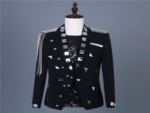 Black White Mirror Chain Tassel Jacket Slim Coat Stage Costumes Singer Jacket Blazer Ytterkläder Performance Tuxedo Manlig värd Fashio5693410
