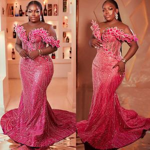 2024 Aso Ebi Fuchsia Mermaid Prom Dress Sequined Lace Evening Section Party Second Second Dispress Orvidess Dresses Robe de Soiree Zj135