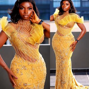 2024 ASO EBI Yellow Mermaid Sukienka PROM Kryształowe Kryształy Iluzja Wieczór Formalne przyjęcie Drugi przyjęcie 50. urodziny suknie zaręczynowe sukienki szata de soiree ZJ131