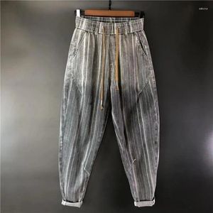 Calças masculinas homens roupas primavera outono baggy haren elástico listrado xadrez impressão personalidade all-match casual pantalones hombre