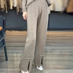 Women's Pants Pure Wool High Waist Straight With Buckle Split Wide-Leg Loose Seam Cashmere Pants.