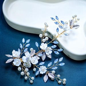 Nakrycia głowy Porcelan Kwiat ślubny grzebień Pearl Wedding Hair Ornament Crystal Tiara Druhna Dhinestone Orname