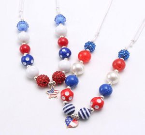 4th July Kids Baby Fashion USA Flag Style HeartStar Pendant Necklace DIY Chunky Bubblegum Beads Necklace Adjust Rope4135945