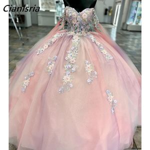 Pink 3D Floral Lace Pearls Beading Ball Gown Quinceanera Dresses Off The Shoulder Illusion Corset Vestidos De 15 Anos