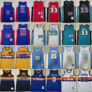 Vintage Basketbol Grant Hill Jersey 33 Allen Iverson 3 Isiah Thomas 11 Dennis Rodman 10 Dikembe Mutombo 55 Gerileme Mavi Beyaz Kırmızı Takım Renk Retro