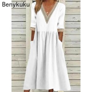 Dress Half Sleeve V Neck Cotton Linen Dress for Women 2024 Summer New Robe Casual Dresses Chic Vintage Spliced Loose Midi Vestidos