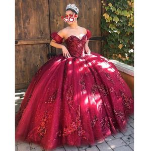 Bling Bling Burgundowe cekiny Quinceanera Sukienki 2021 Sweet Sweet 16 PROM BRODY Ball Suknia debiutanta Suknie Vestidos306k