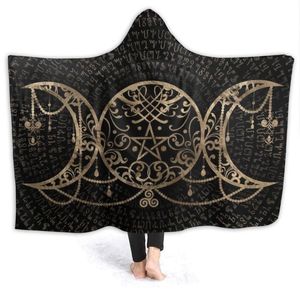 Filtar bärbara varm flanell trippelmåne huva filt viking rune för soffa sherpa fleece sängäcke wrap223s