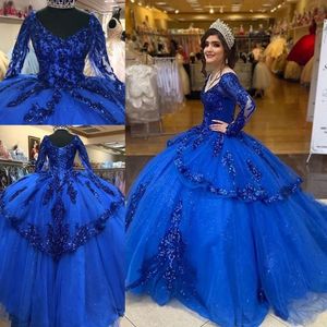 vestidos de xv a os Royal Blue paljetter quinceanera klänningar långa ärmar korsett paljett bollklänning söt 16 prom klänning259g