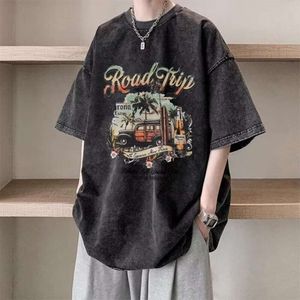 Lavado e angustiado casual moda curta roupas de verão masculinas 2024 nova meia manga hiphop camiseta