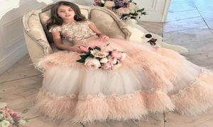 Luxury Flower Girl Dresses With 3D Floral Appliciques Feather Juvel Neck Kort ärm Girls Pageant Dress A Line Pärled Kids Formal 2475888