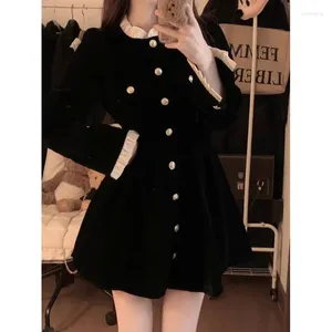 Casual Dresses Black Velvet Dress Women's Spring French Style Long Sleeves Round Neck Single-breasted Pockets Sexy Party Short