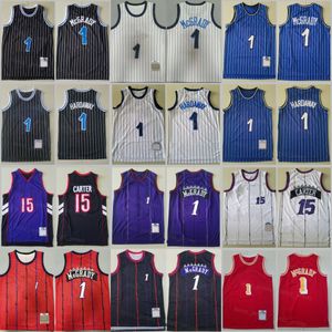 Mężczyźni Vintage Basketball Shotback Jersey Vince Carter 15 Tracy McGrady 1 Stripe Black Blue Kolor Biała Purple czerwona dla fanów sportu retro koszula