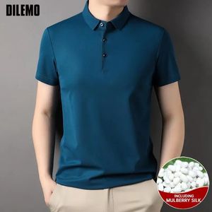 Toppklass 4,7% Mulberry Silk Summer Brand Luxury Brand Plain Polo Men Shirt Kort ärm Casual Tops Fashions Men kläder 240229