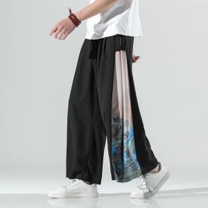 Pants 2024 Summer Men Japan Samurai and Thai Wide Leg Lce Silk Pants Chinese Urban Streetwear Loose Long Bottoms Trousers