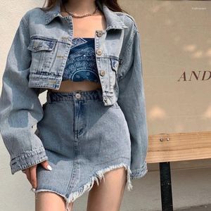 Arbetsklänningar xgoth retro denim kjol set löst fickor jacka hong kong stil oregelbundna minikjolar streetwear koreanska mode två delar uppsättningar