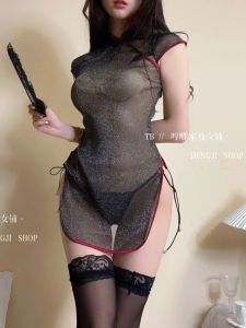 Dress Fairy Silver Silk Sexy Cheongsam T Shirt Mini Dress Female Sexy Uniform Mesh Lace Transparent Tops Korean Sweet M388