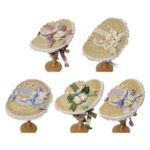 Japonês lolita doce artesanal palha chapéu de sol laço retalhos fita bandagem bowknot aba larga elegante chá festa praia plana d0lf 240304