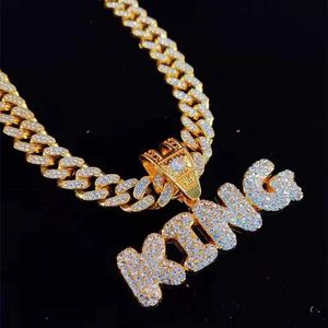 Pendant Necklaces Hip Hop King Letter Necklace 13mm Miami Full Rhinestone Cuban Chain Iced Out Bling Hiphop Fashion Jewelry 230613