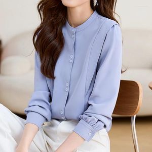 女性用ブラウスQoerlin O-Neck Long-Sleeve Women Blue Chiffon Blouse Spring秋シングルブレストボタンアップルーズカジュアルオフィスレディースシャツ