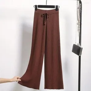 Calças femininas outono inverno elástico cintura alta drape cordão com nervuras em linha reta perna larga cor sólida baggy streetwear