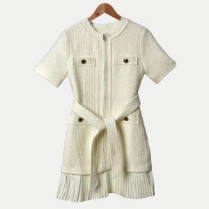 Short Sleeve Round Neck Ivory Tweed Belted Dress Black Panelled Pleated Knee-Length Dress Women Fashion Dresses W1815218