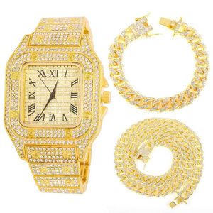 Strands 13mm Necklace Watch Bracelet Iced Out Locket Necklaces Men Miami Curb Cuban Link Chain Paved Rhinestones Hip Hop Jewelry 230613