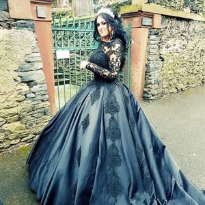 Illusion Long Sleeve Black Prom Ball Gown Quinceanera Dresses 2021 Jewel Floral Lace Applique Muslim Evening Dress Graduation Swee243B