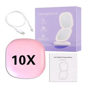 Mini espelho de maquiagem compacto LED com bolso leve viagem portátil rosa preto dobrável cosmético pequeno espelho de vaidade 10X ampliação 240228