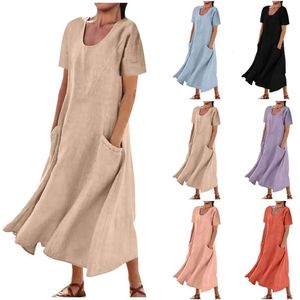 Frühlings- und Sommer-Freizeitkleider Damenbekleidung Einfarbiges Baumwoll-Leinen-Kleid mit lockeren Taschen für Damen