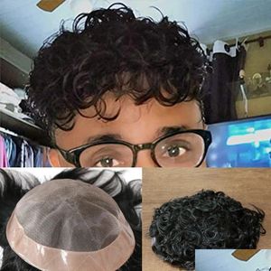 Men'S Extensions Toupees 20Mm Curly 1B Black Durable Mono Toupee Hair System Men Hairpiece 360 Wave Male 100% Human Breathable Rep Dhqab