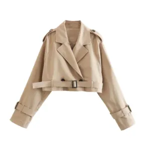 Hendek 2023 Yeni Kadın Moda Kemer Büyük Boy Kırpılmış Trench Coats Vintage Çift Düğme Uzun Kollu Bayanlar Kısa Khaki Ceket