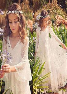 Bohemian Sweety New Arrival Lace 2019 A linha Flower Girl Vestidos V Neck manga comprida Zipper Império Até o chão Tule Apliques gir3010022