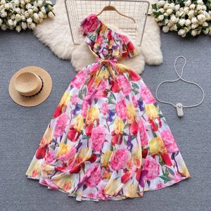 Vestido feminino casual elegante 2024 férias lindo flor chiffon vestido longo verão babado feminino um ombro estampa floral faixas maxi robe vestidos