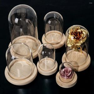 Garrafas de vidro flor display cloche decoração para casa vasos sino jar garrafa com base de madeira caixa de cobertura de poeira imortal