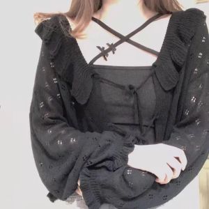 Cardigans new kawaii svart lolita skjorta kvinnor söt hajuku långärmad toppar mörka estetiska cardigans tröja koreanska mode höstkläder