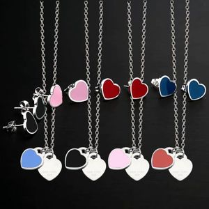 Enamel blue Pink Green Double Heart Jewelry sets Charms Necklace and Earrings Fashion Stainless letters Sun gold Jewellery T-set296k