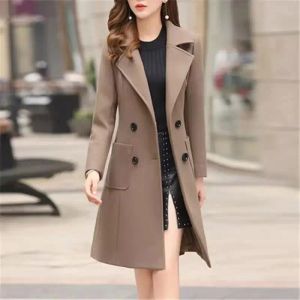 Jackor Womens Winter Wool Coats Pockets Lapel Jackets Woolen Overcoat Elegant Double Breasted Long Ladies Overcoats Plus Size Ytterkläder