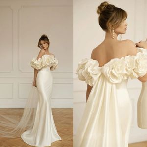 Elegant Satin Wedding Dresses Off Shoulder 3D Flowers Bridal Gowns Vestido Novia Backless Mermaid Bride Dress YD