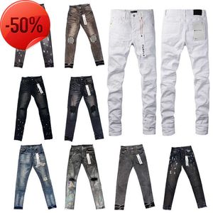 Street Fashion Designer Purple Jeans Men Buttons Fly Black Elastyczne Elastyczne Chude Zryta dżinsy Buttons Fly Hip Hop Marki Pantie dżinsy dla kobiet białe czarne spodnie Po