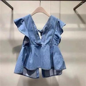 女性のブラウスBlusas Mujer de Moda Verano Elegantes V-Neck High Waist Slim Ruffled Back Lace Up Denim Shirts Blouse Women Doll Top