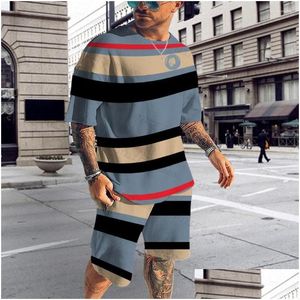 Herrspårar Men Tracksuit 3D Printed Breatble Clothes Summer Stripe Series T Shirt 2 Piece Set Jogging Short Sleeve Suit 6xl DHFAX