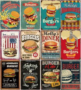 Pintura de metal Burger Hot Dog Beefier Menu Poster Vintage Metal Tin Sign Decoração de parede para cozinha Restaurante Placa de arte Pintura Placa de lata Placas T240309
