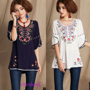 Skjortor 2021 Vintage 70 -talets mexikanska blommor broderier Boho kvinnor hippie blus kvinnor tunika mjuk bomull sommartröjor toppar blusa mujer