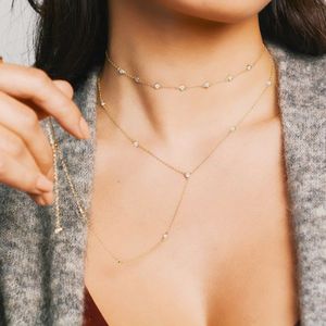 925 Sterling Silver Layer Long Chain Necklace For Women Wedding With Gold Silver Color Plated CZ PAVED STATION JUWELRY253N