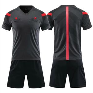 Conjunto de camisa de futebol de árbitro profissional adulto vneck uniforme de futebol manga curta jogo juiz camisa três bolsos shorts 240306